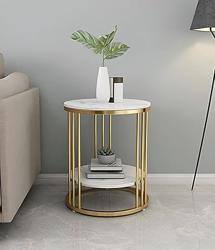 ETIQUETTE ART Wood End Table with Storage Shelf for Home & Living Room Side & Corner Table Sofa End Table (Gold & White)