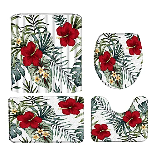 Tropical Shower Curtain Sage Green Plant Red Flower Palm Tree Leaf Floral Boho Summer Hawaii Jungle Botanical Hibiscus Plumeria Nature Herb Aesthetic Modern Art Fabric Bathroom Decor Curtain With Hook #TOP6
