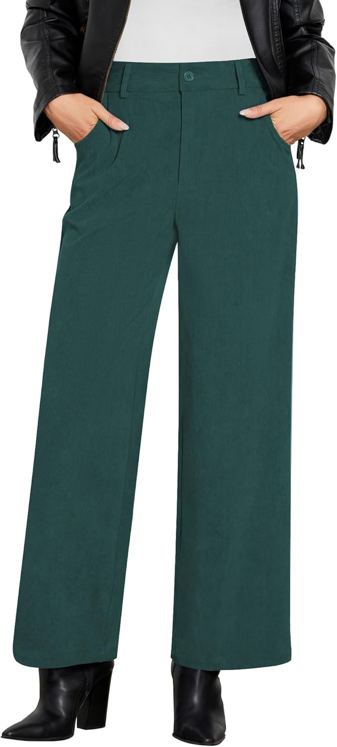 GRAPENT Corduroy Wide Leg Pants Woman High Waisted Fall Business Casual Elastic Waist Loose Trendy Trousers with Pockets
