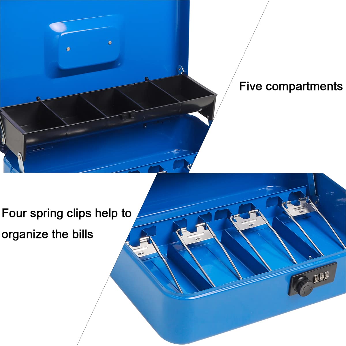 Caisse à monnaie en métal durable avec serrure à clé, avec bac à billets, boîte de rangement sécurisée avec câble de sécurité, bleu