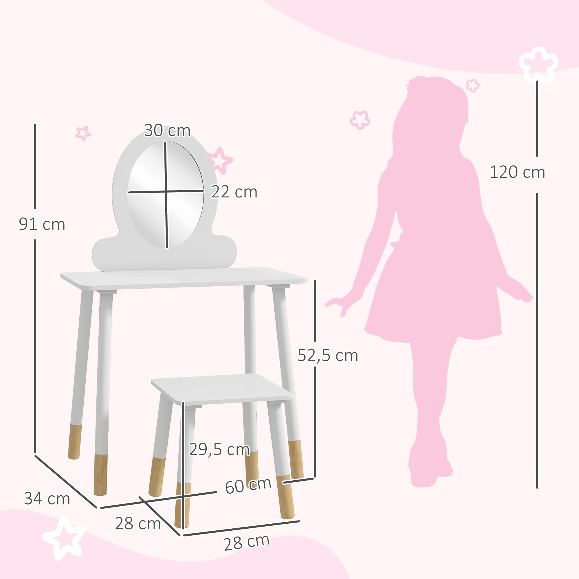 AIYAPLAY Tocador para Niñas con Taburete Tocador de Maquillaje Infantil para Niñas de +3 Años con Espejo Diseño Sencillo Blanco
