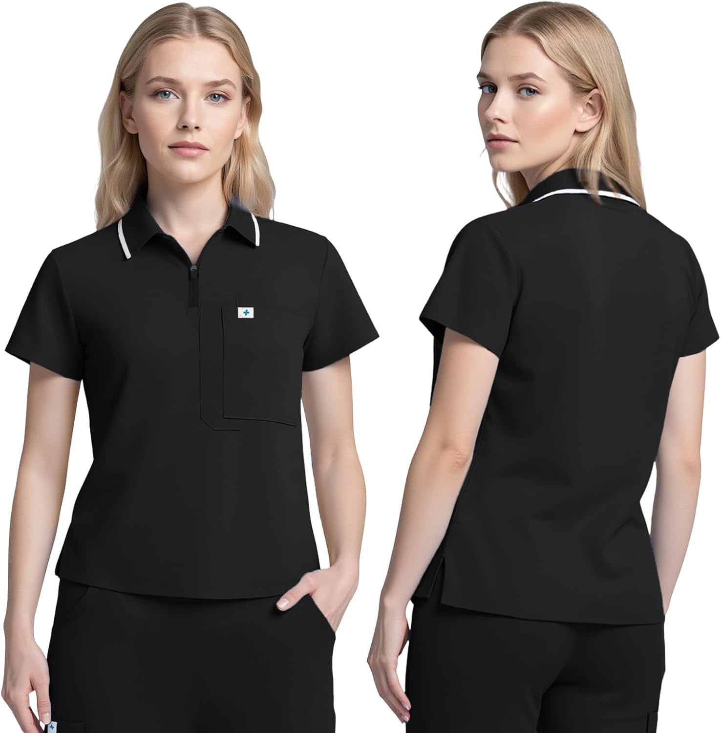 Women's Scrubs Set - Polo Zip Scrub Top & Straight Leg Pants with Multiple Pockets, Stretchy Scrubs for Women