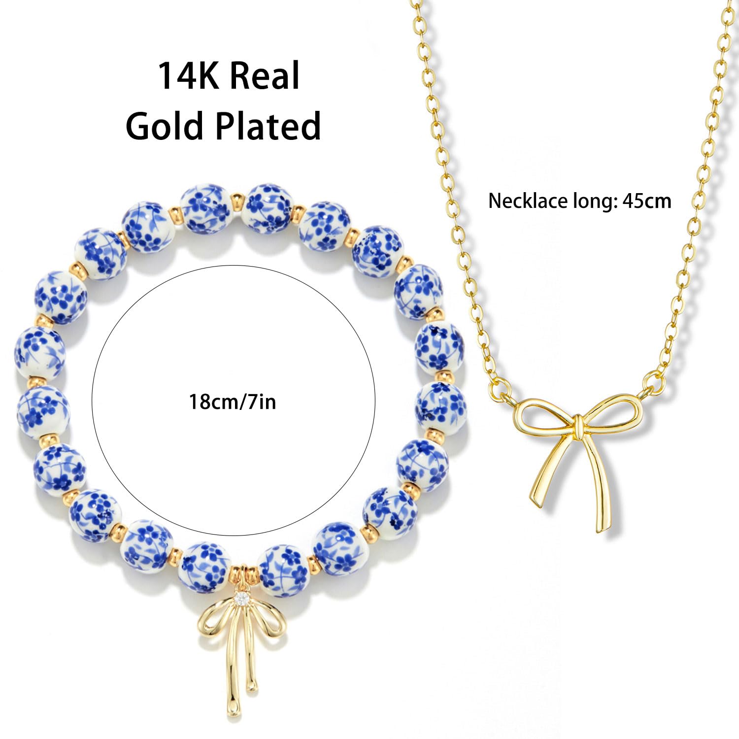 Bow Bracelet Necklace Set 14K Gold Beaded Bracelet Dainty Bow Pendant Choker Jewelry Gift Set