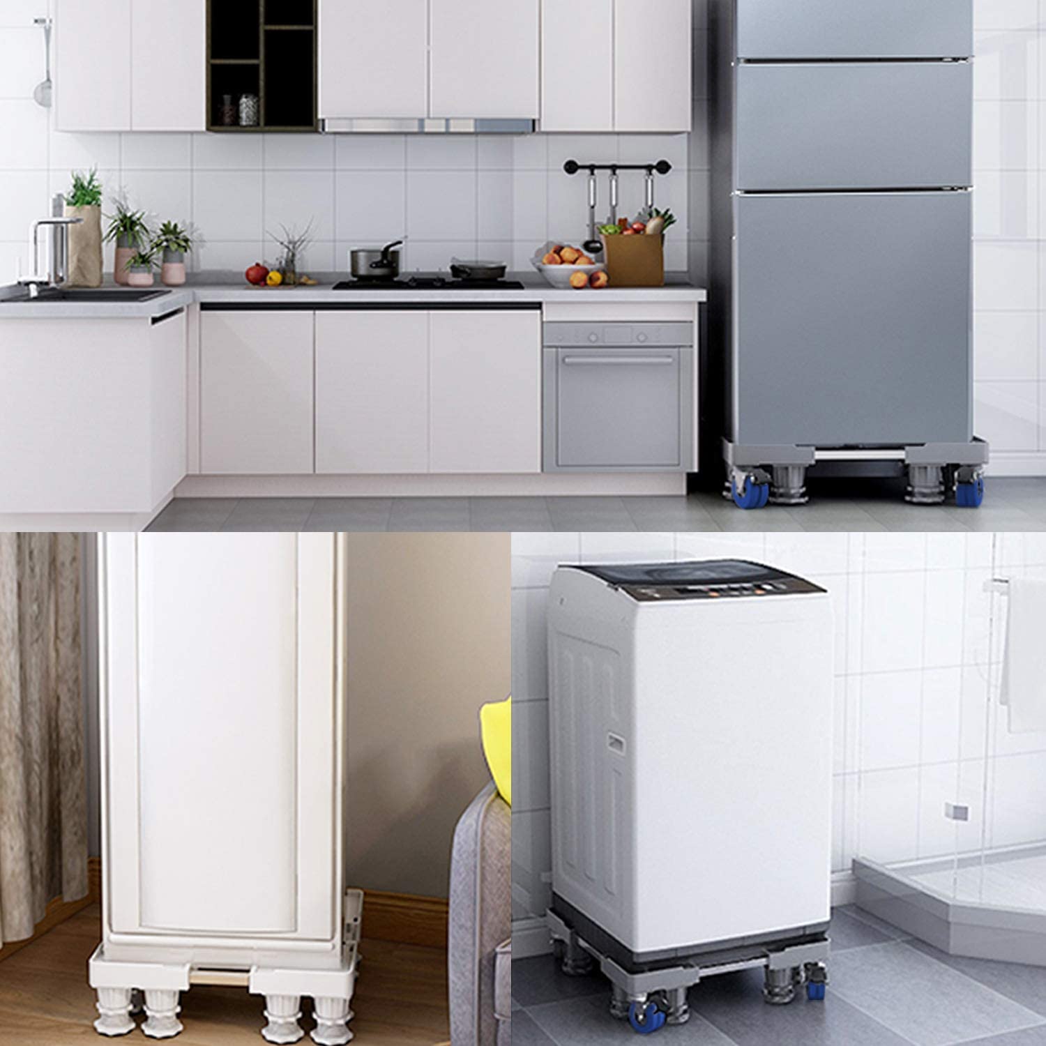 Wasmachine, verstelbare bodem, 41-64 cm, met 4 draaibare wielen en 4 rubberen voetjes, houder voor wasmachine, droger en koelkast, belasting 300 kg