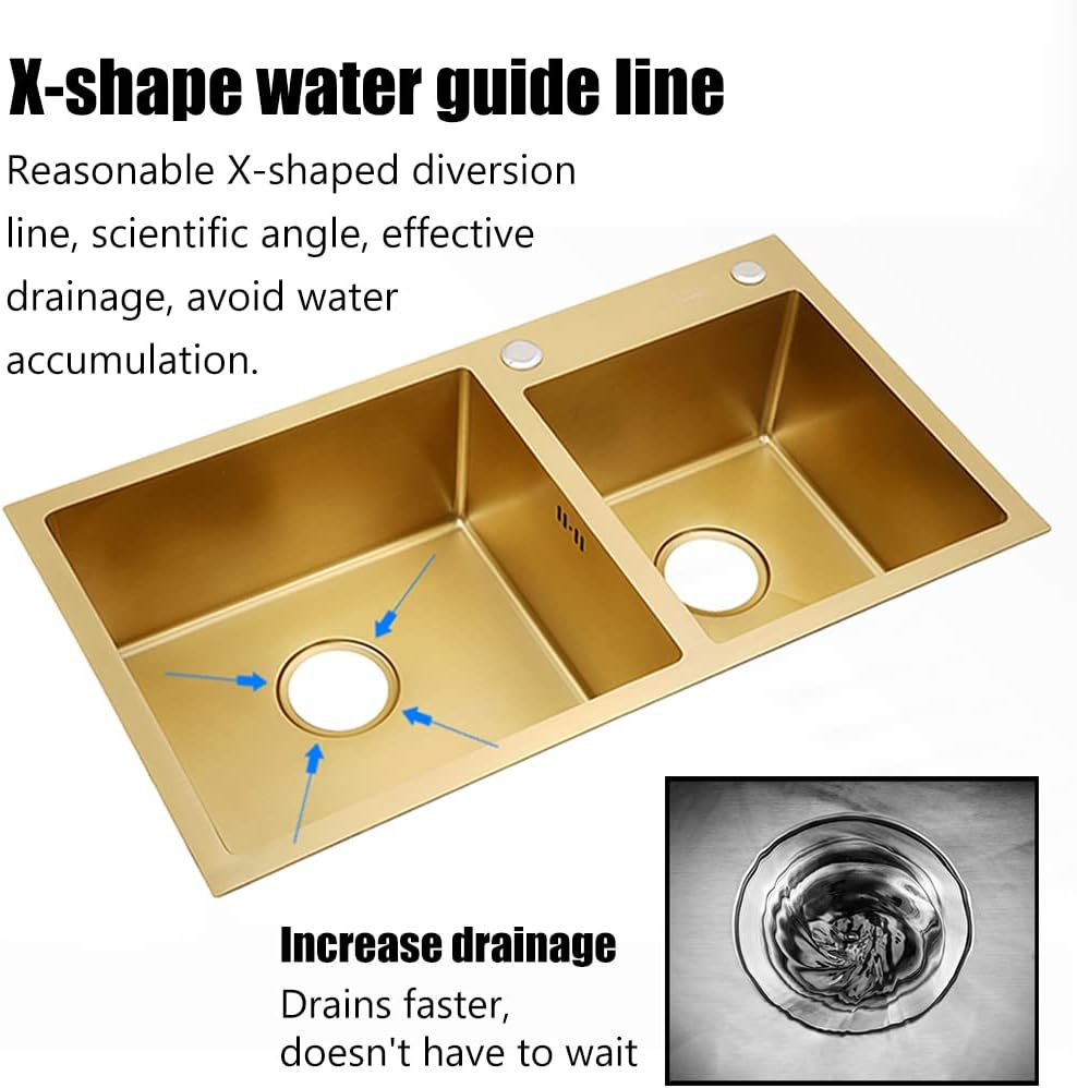 Gold Kitchen Sink, Double Bowl Bar Sink, 304 Stainless Steel Nano-Coated, with Gold Sink Stopper and Drain Strainer, Drop-In or Undermount, 29.5” x15.7”