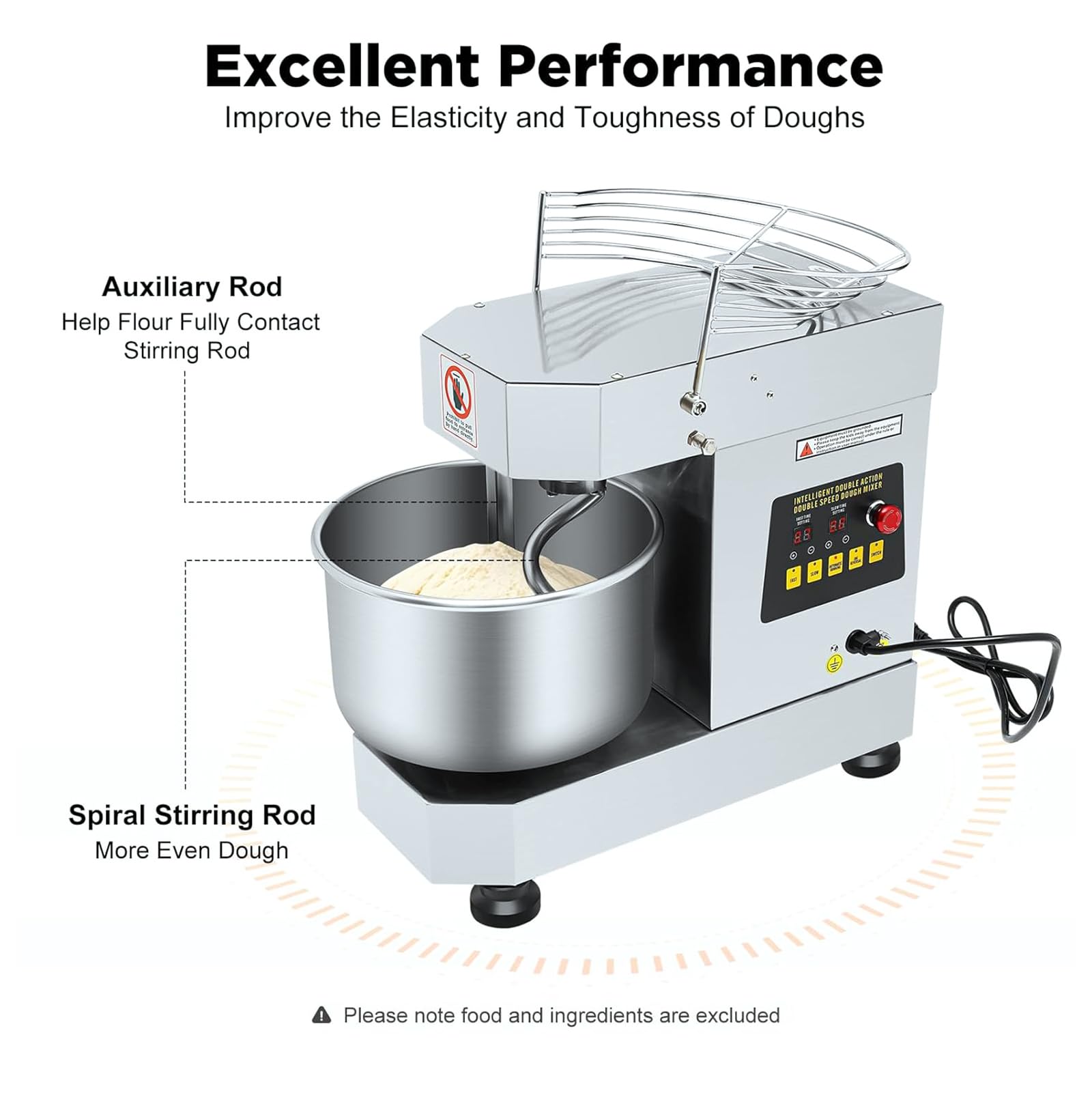 Impastatrice Professionale, Impastatrice Elettrica da 10 L/2,6 Gal, Impastatrice a Spirale per Pizza Elettrica da 750 W, capacità 10 L E velocità Regolabile, Design Sicuro, per Panetterie