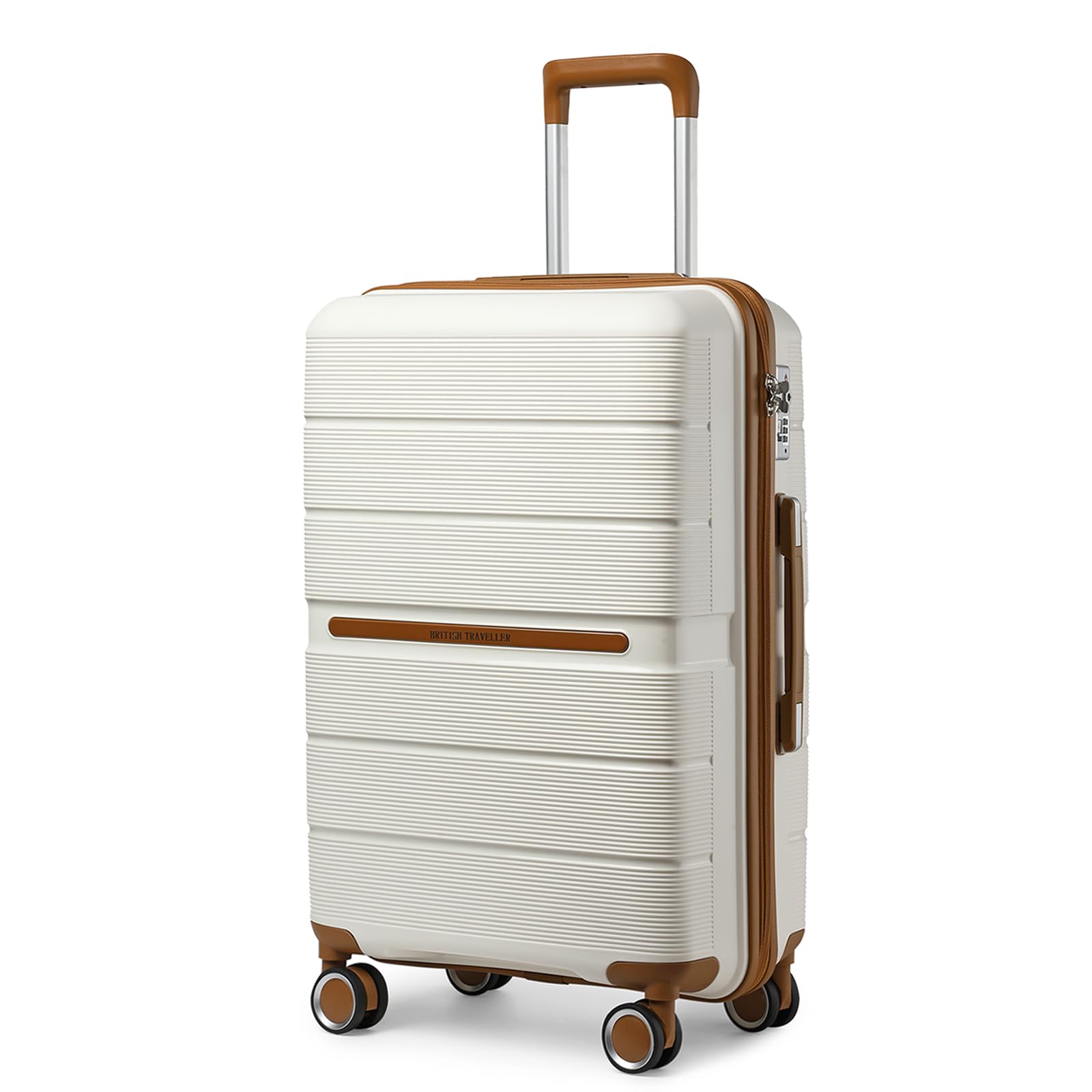British Traveller Reisekoffer Groß Koffer Trolleys Groß Hartschalenkoffer 100% PP Handgepäck Koffer mit 8 Spinnerräder Rollkoffer 76 * 49.2 * 31cm Suitcase TSA-Schloss Neu Beige