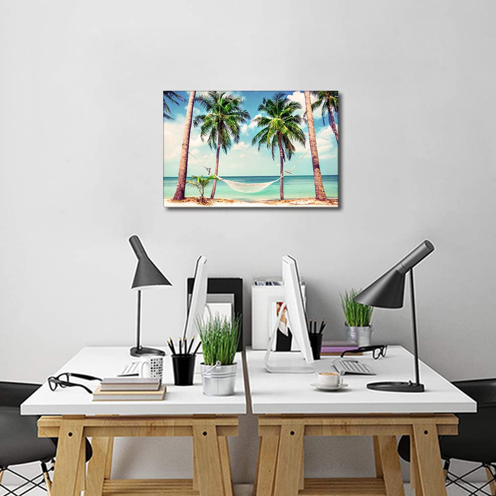 Beach Coconut Tree Hammock Canvas Wall Art Seascape Painting Seaside Artwork Picture Print for Living Room Bedroom Home Office Wall Decor Modern Landscape Ready to Hang (24X16in) - Image 3