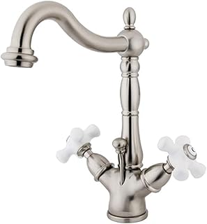 Kingston Brass KS1438PX Deck Mount Lavatory Faucet with Porcelain Cross Handle and Brass Pop-Up, 8-1/4
