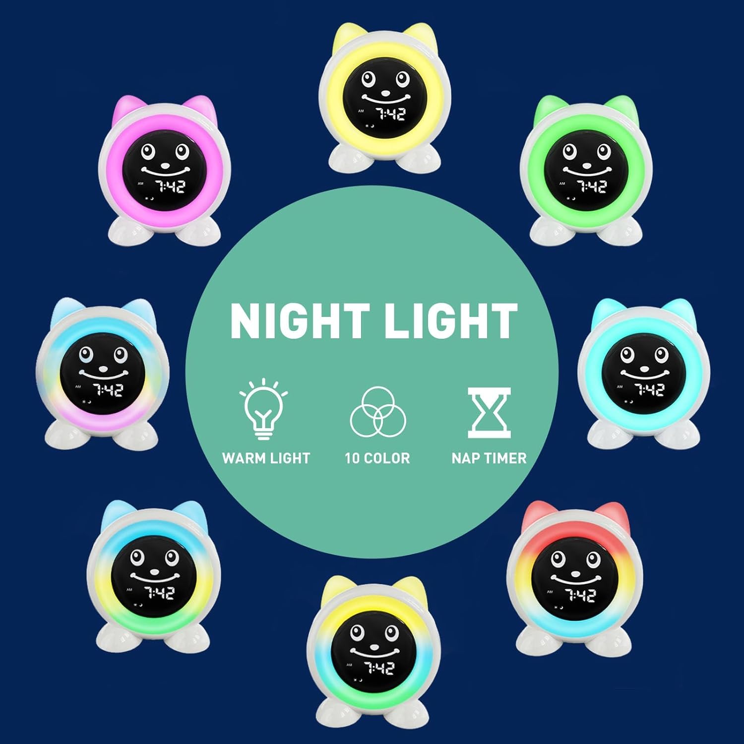 A central circle with 'NIGHT LIGHT' text, surrounded by eight small I-CODE clocks, each displaying a different color light, illustrating the 10 color options.