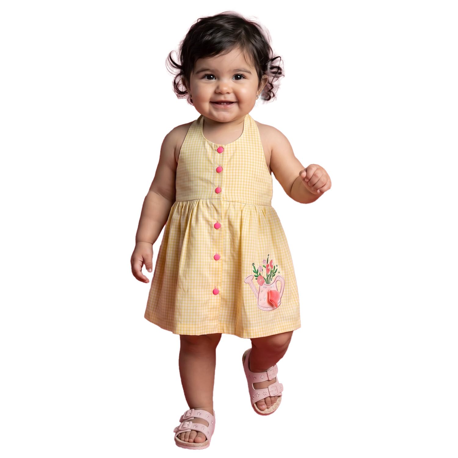 Nautinati Girls Checked Gingham Button-Down Halter-Neck A-line Dress with Applique Yellow