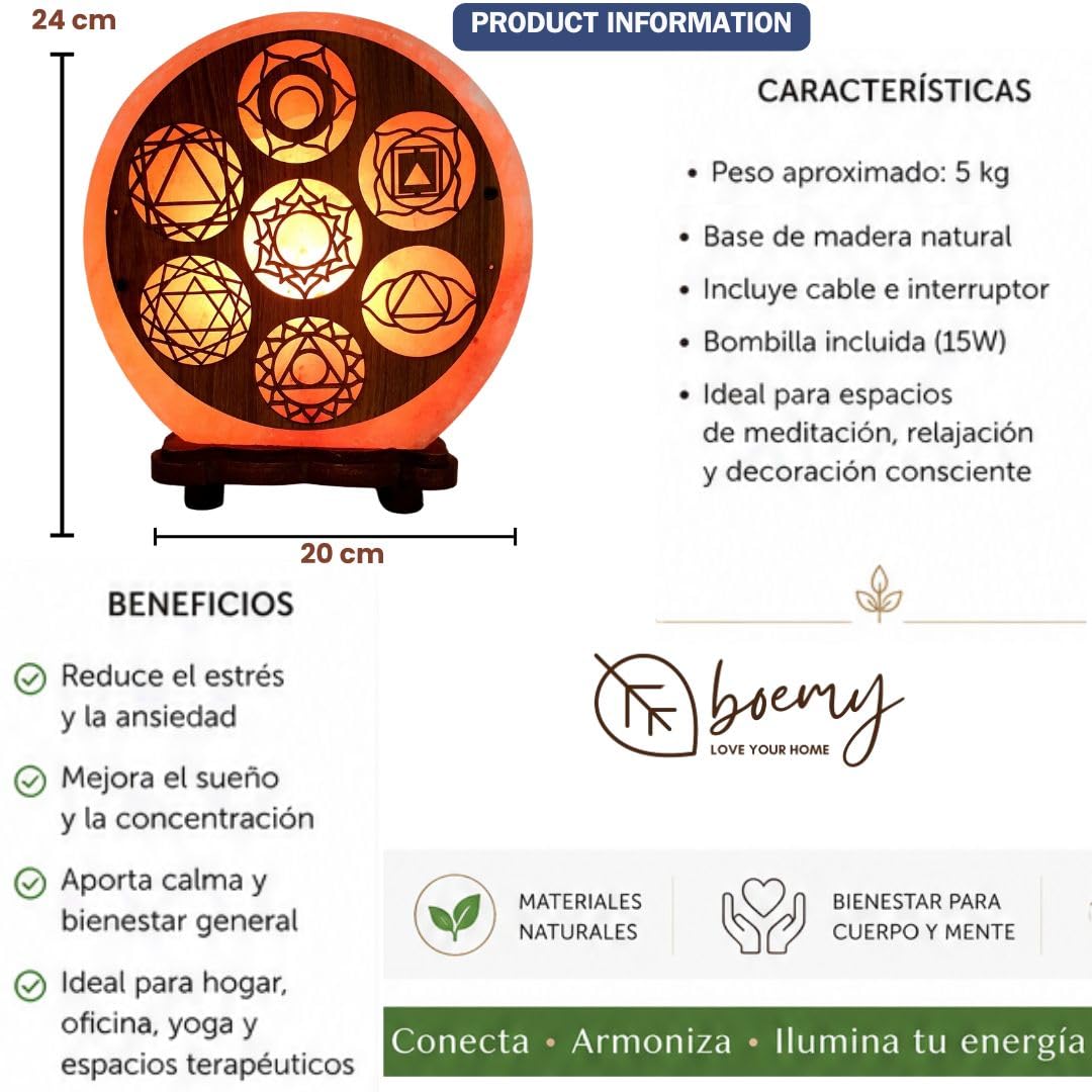BOEMY Lámpara de Sal del Himalaya 7 Chakras 5 kg Aproximados | Luz Relajante y Decorativa | Base de Madera Natural | Bienestar y Armonía para Hogar, Yoga y Meditación