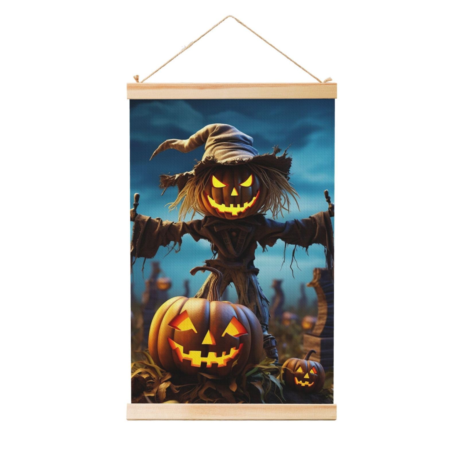 Funny Pumpkin Scarecrow Posters Wooden Shaft Hanging Poster Canvas Prints Scroll Wall Art Painting Vintage Wall Banner Modern Artwork Decor for Home Decor Ready to Hang 16"x24"