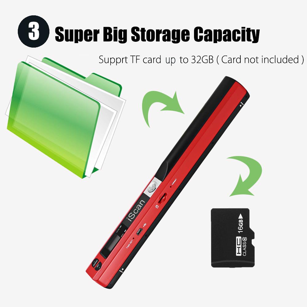 iScan Magic Wand przenośny skaner wizytówek i dokumentów - mini rozmiar, mobilny skaner USB (czerwony)
