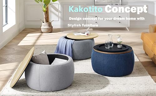 Kakotito Modern Round Storage Ottoman With Wooden Lid,Circle Ottoman Handmade Ottoman Coffee Table,End Table & Footstool thumb #3