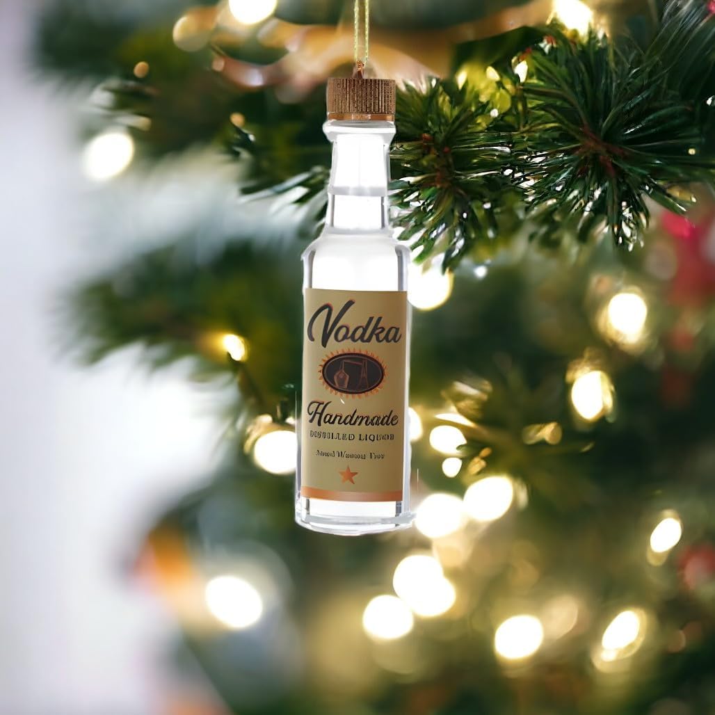 Cody Foster & Co Handmade Vodka Bottle Ornament, Realistic Miniature Design, Transparent with Vintage Label, Festive Holiday Decor, 5 Inches, Clear, Tan
