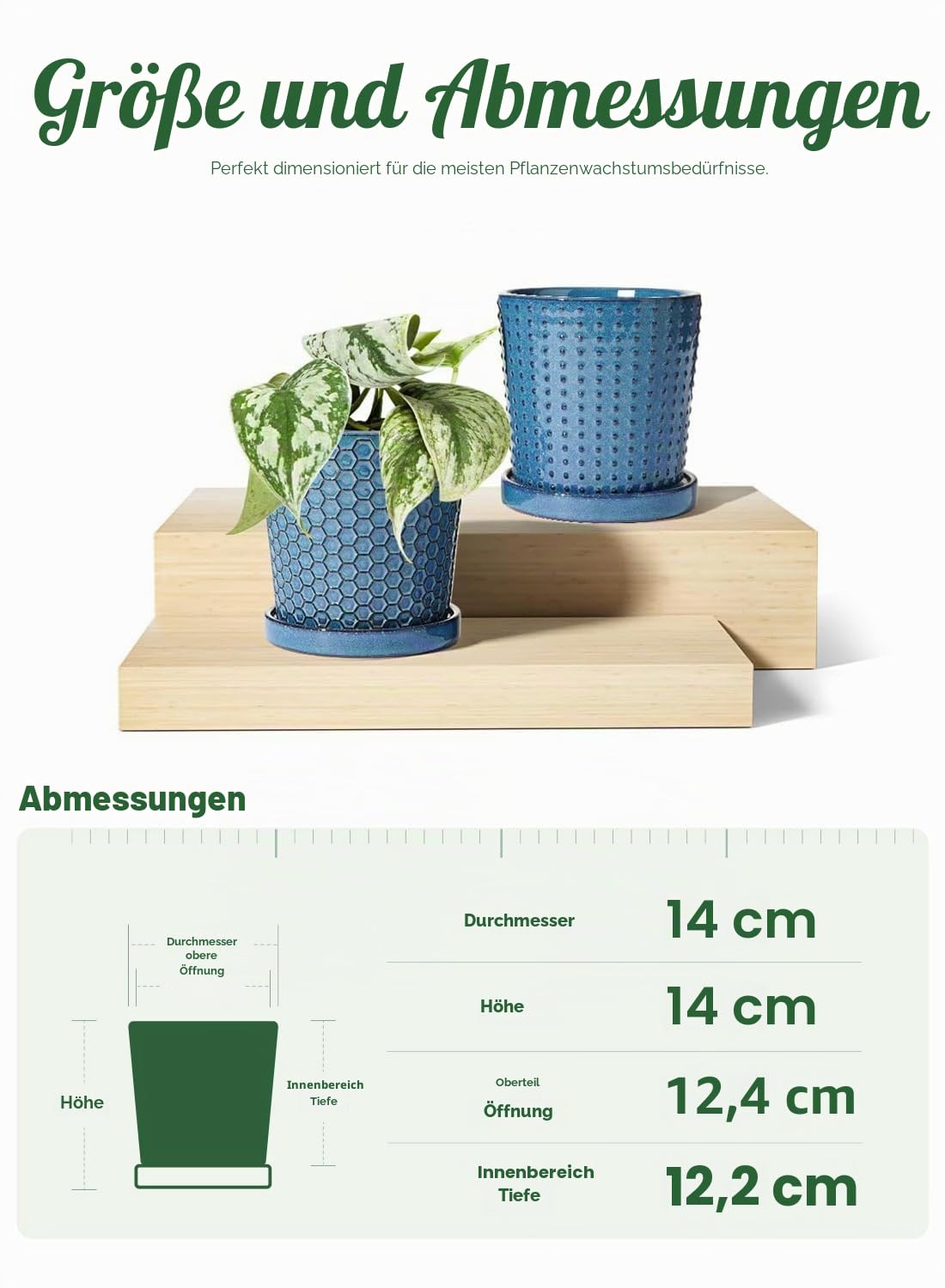 LE TAUCI Blumentopf Keramik, 13.5 cm Blumentopf für Zimmerpflanzen, Übertopf Keramik mit Abflussloch und Untersetzer, Übertopf für Sukkulenten, Bogenhanf und Kakteen, 2er-Set, Reaktivglasur Blau