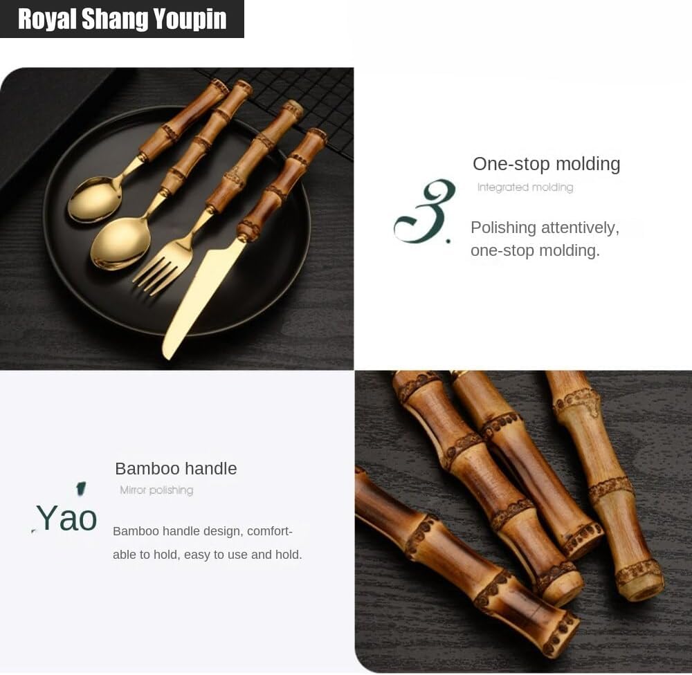 Featured Genuine Bamboo Handle Kitchen Stainless Steel Silverware Tableware Flatware Cutlery Knives Forks Spoons Set Home Steak Knife Dessert Spoon (Gold,24 pieces/cutlery rack)