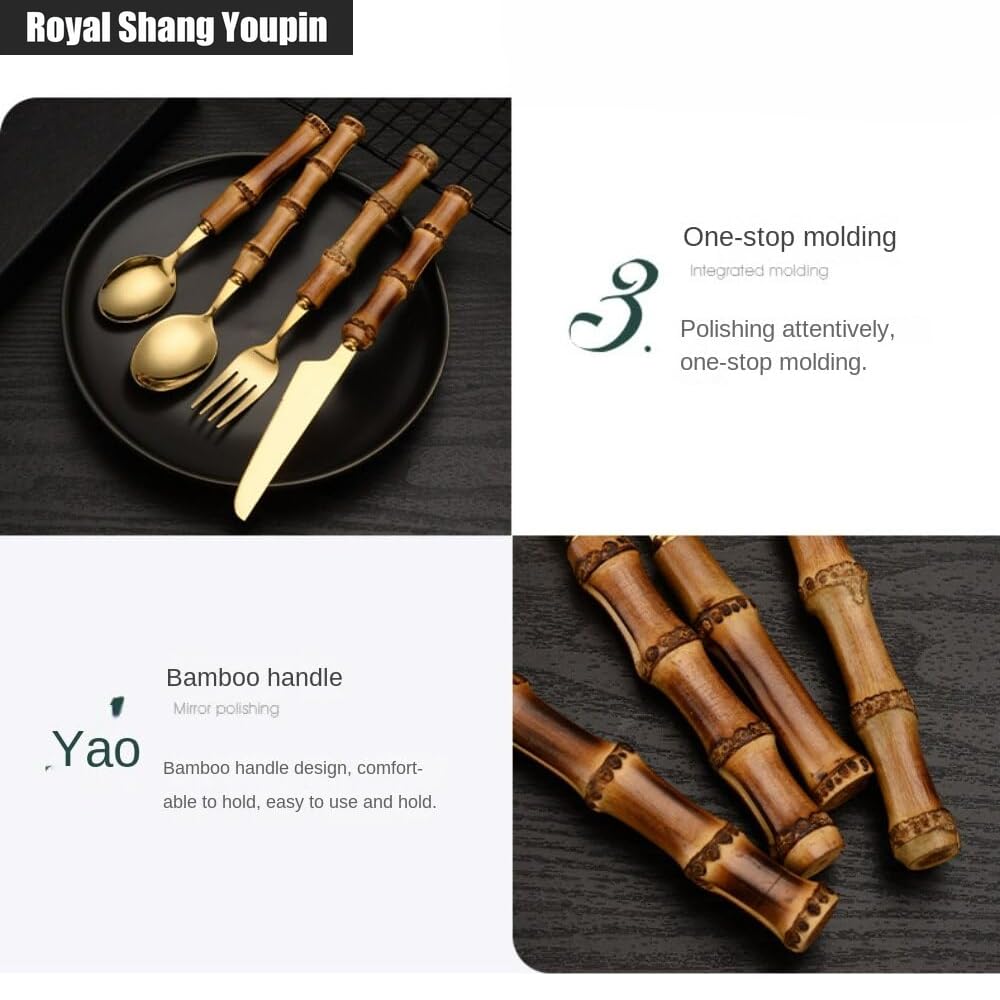 Véritable Manche en Bambou Cuisine en Acier Inoxydable Argenterie Vaisselle Couverts Couverts Couteaux Fourchettes Cuillères Ensemble Maison (Or,24 pièces/Range-Couverts)