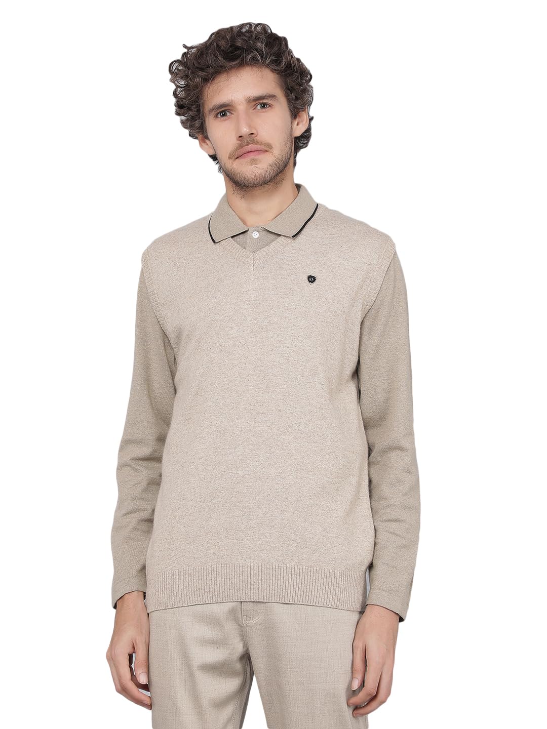 Men's Beige V-Neck Sleeveless Sweater