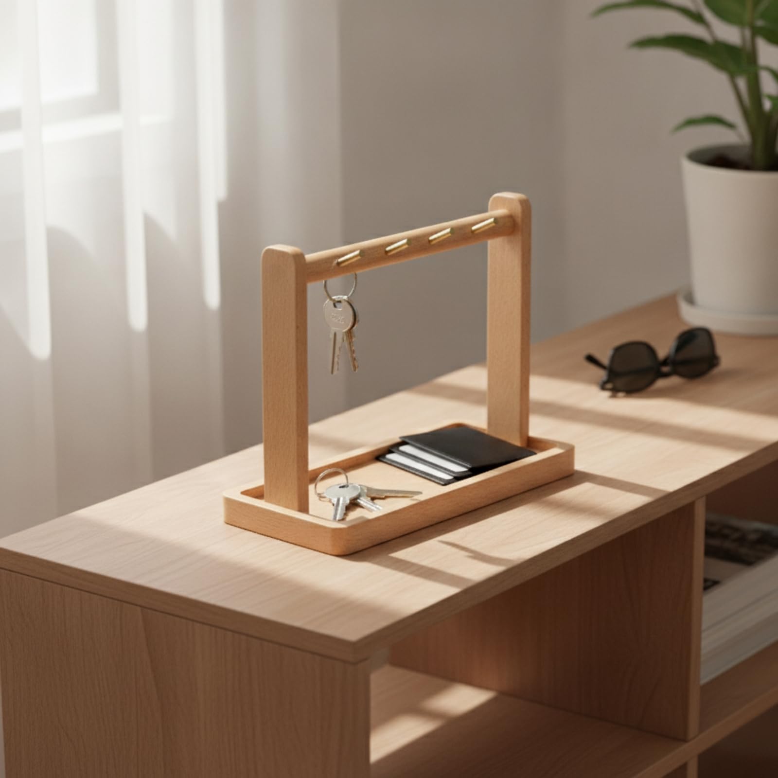Organizador para Mesa Madera Maciza Compacto Mesa con Ganchos Metálicos Versátil Llaves con Bandeja para Mueble Zapatos,