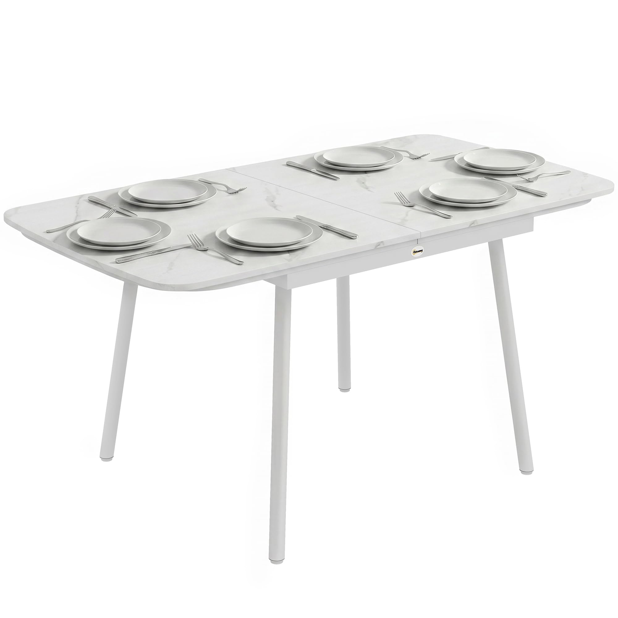 Outsunny Tavolo da Giardino per 6 Persone 140x80 cm Rettangolare Bianco | Tavolo da Pranzo Esterno, Piano in Composito Legno-Plastica Effetto Marmo, Struttura in Metallo, per Patio Terrazzo