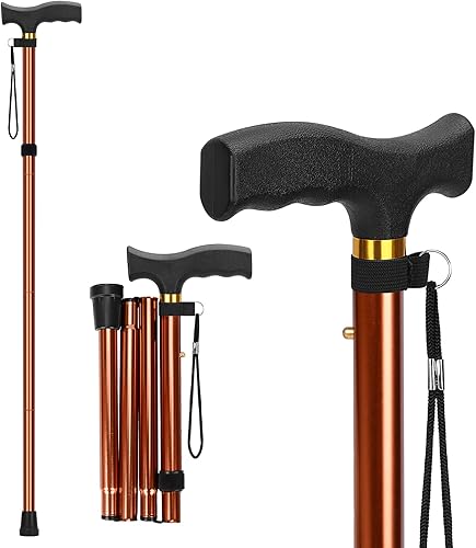 Miniatura 13 de supregear Bastón Plegable, Bastón de Caminar Ligero Ajustable de 5 Niveles con Correa para la Muñeca y Mango en T, Ayuda de Movilidad Portátil para