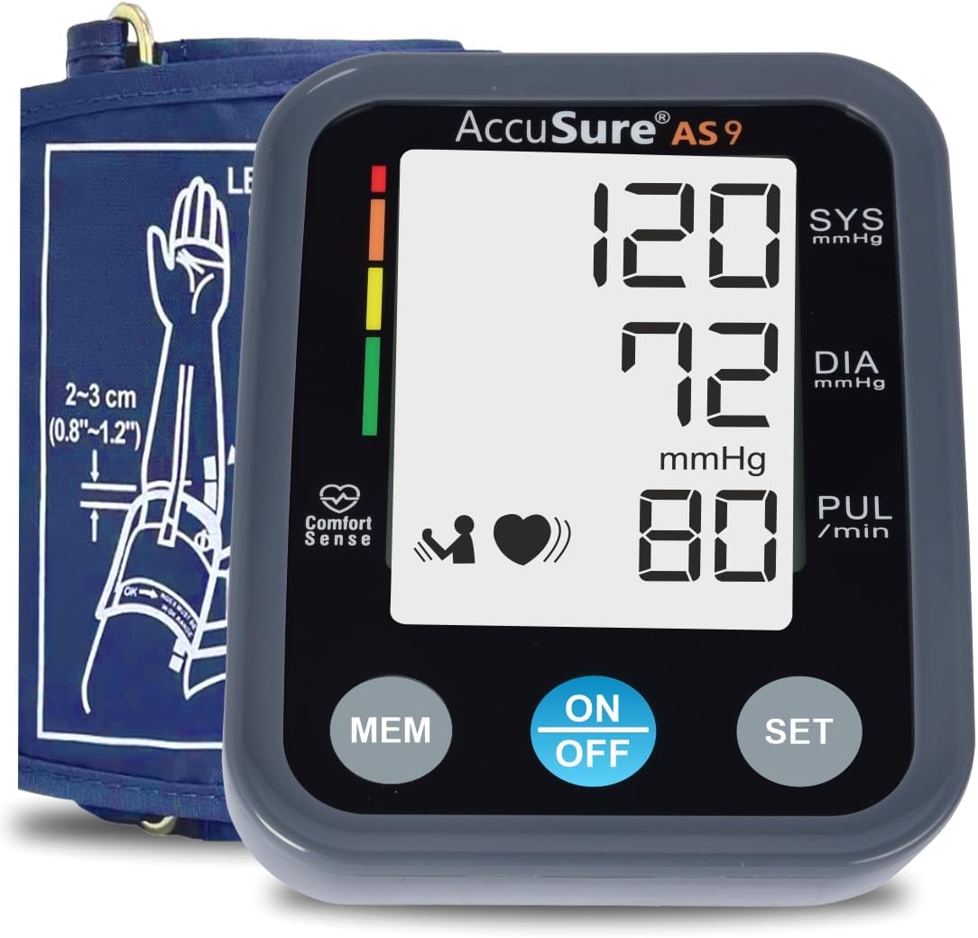 AccuSure AS9 Fully Automatic Digital Blood Pressure Monitor With Large Display, Most Advance Technology & Accurate Measurement - Arm Circumference (22-36Cm) includes Type-C USB power port, 4-Year Warranty – Grey