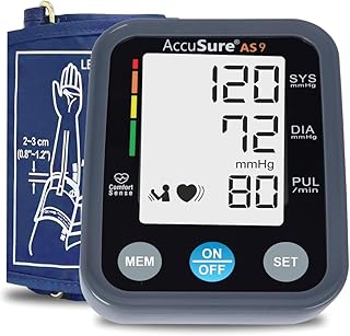AccuSure AS9 Fully Automatic Digital Blood Pressure Monitor With Large Display, Most Advance Technology & Accurate Measurement - Arm Circumference (22-36Cm) includes Type-C USB power port, 4-Year Warranty – Grey