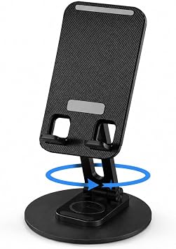 360 Rotating Cell Phone Stand for Desk Black, K39B | Adjustable & Foldable Phone Holder, Aluminum Desktop Phone Stand with Anti-Slip Base, Phone Holder for Desk