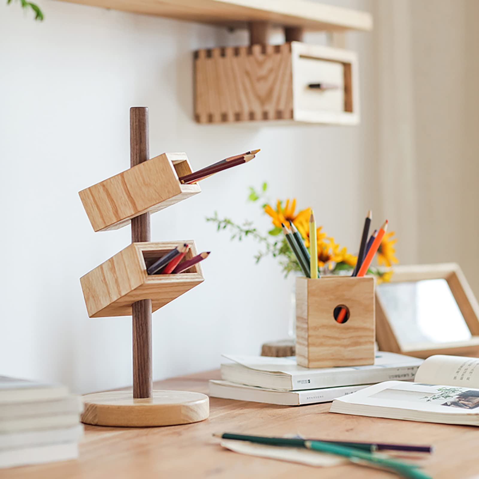 Bleistifttopf aus Holz Stifthalter aus massivem Holz, schräg, multifunktionaler, kreatives Büro für Homeoffice(Natural2)