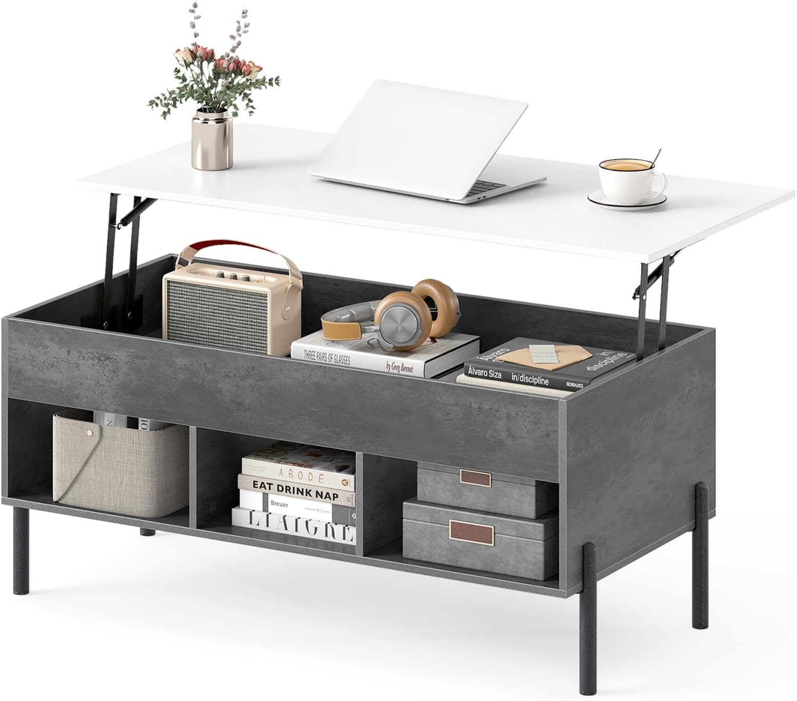 Lift Top Coffee Table, Wooden Lifting Sofa Side Table with Hidden Compartment & 3 Open Cubbies, Home Office Tea Table Center Table for Living Room Bedroom Study (Grey+White)