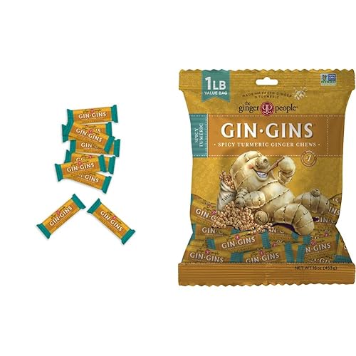 GIN GINS - Masticables de jengibre de cúrcuma picante por The Ginger People, antináuseas e inflamación, dulces saludables envueltos individualmente,