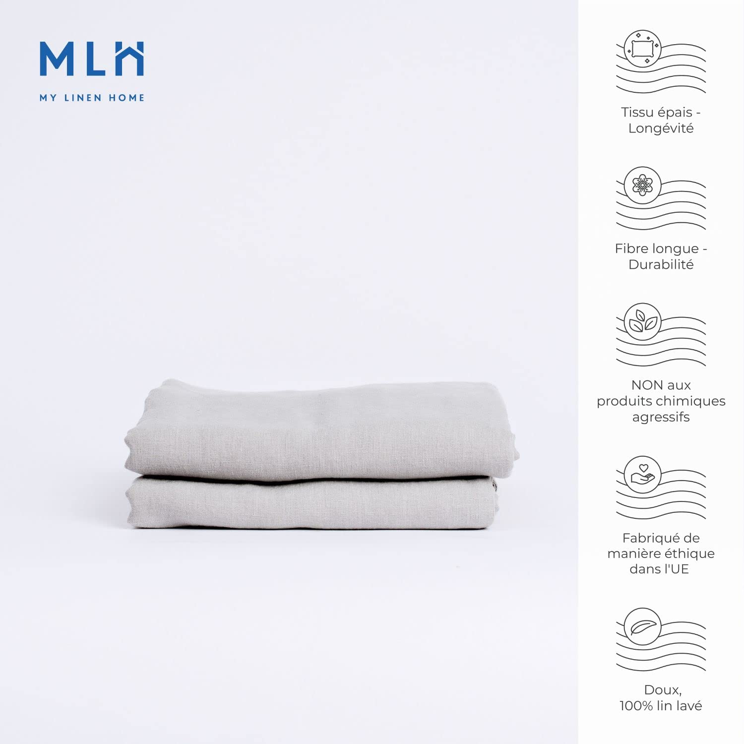 My Linen Home Drap Plat 100% Lin Lavé Gris Bleu 180x260cm - Hypoallergénique Et Thermorégulant