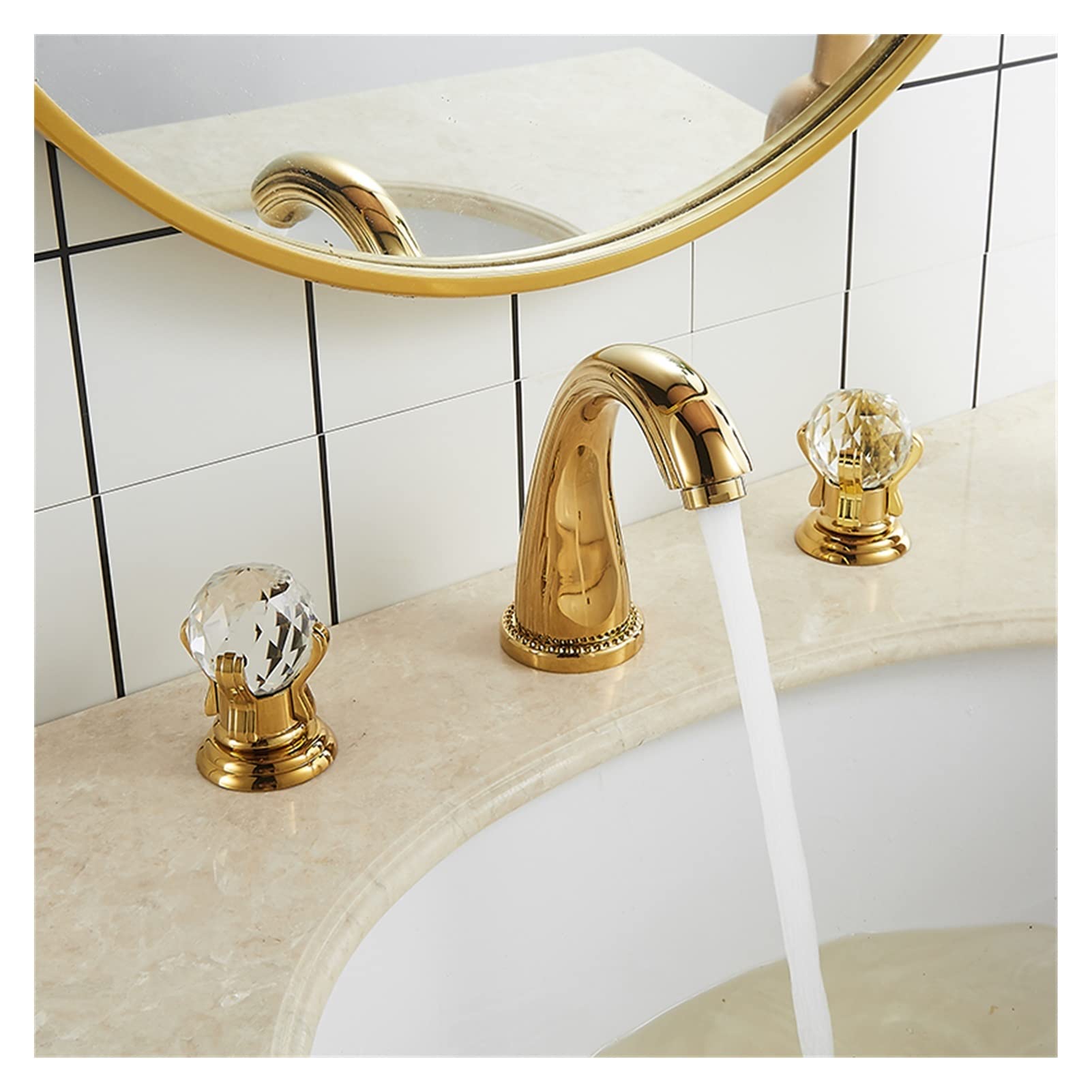 Faucet de la Cuenca Gold Baño Fregadero Grifo 3 Orificio Mezclador DE Cubiertas SERVICIOSA Caliente Y FRÍO AMD Cristal Agua Tap DE Agua Nuevo(Gold)