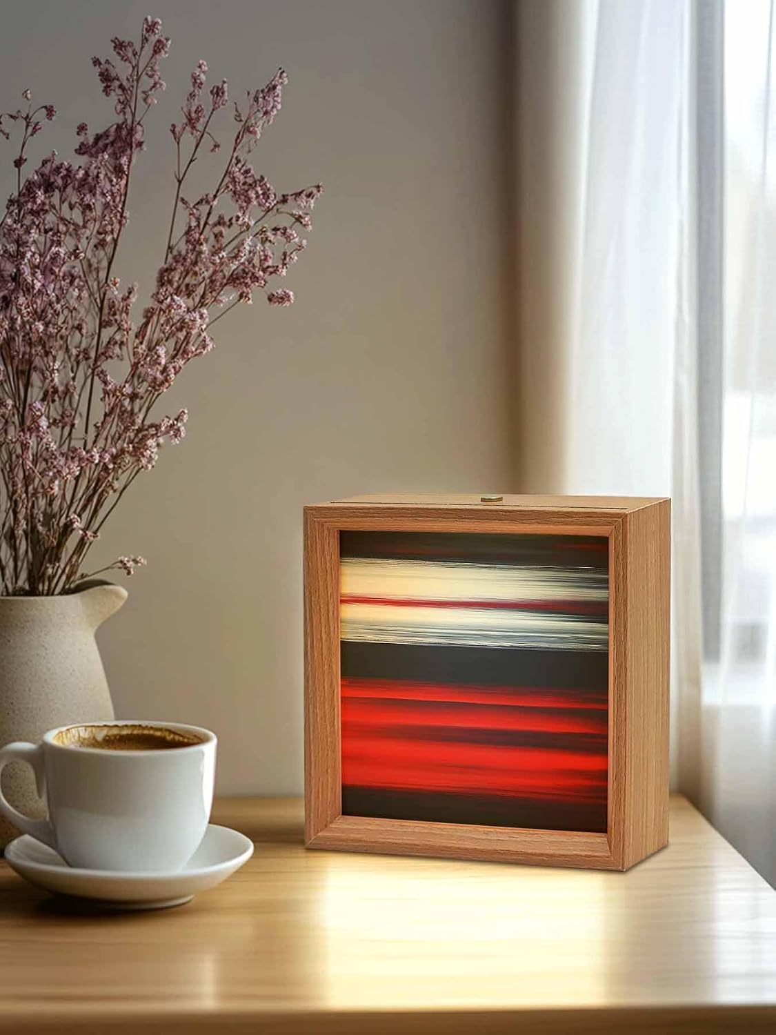 Wooden LED Night Light Box Abstract Red White Black Gradient Wood Picture Frame - USB Rechargeable Dimmable Touch Table Light for Home Decor or Desktop Display Modern Color Mosaic Art,6.5in image 3