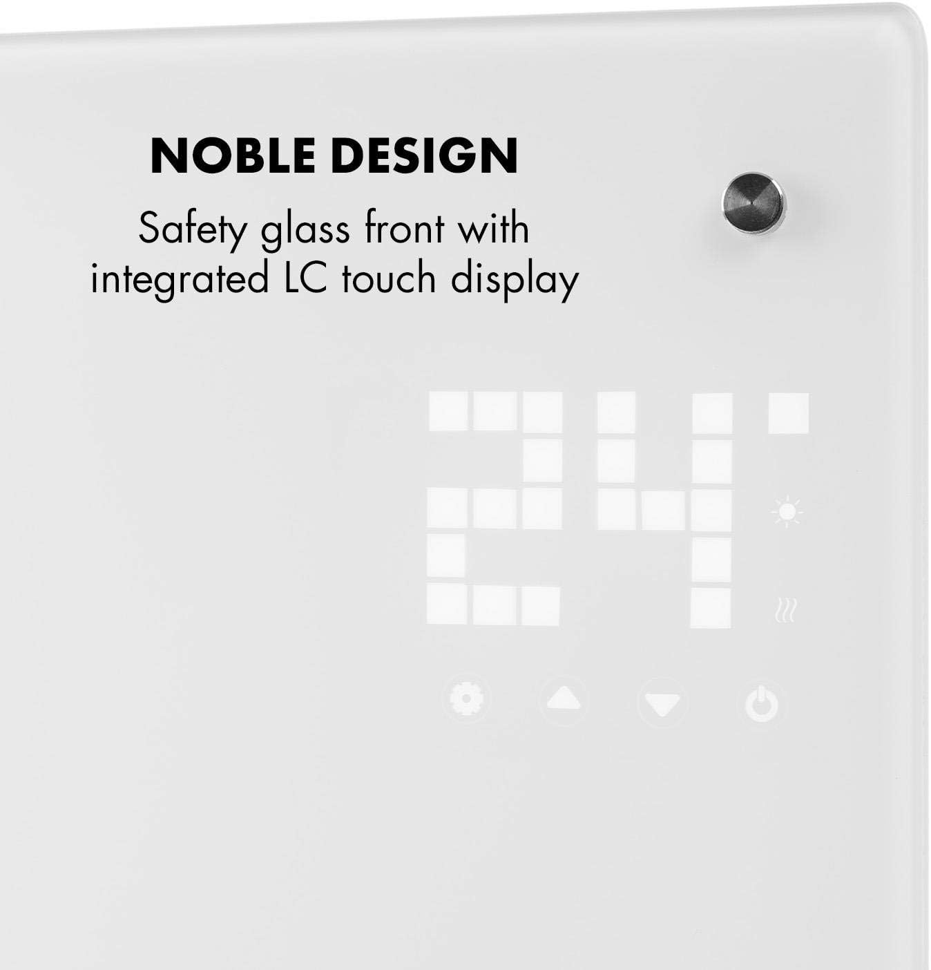 Close-up of the Klarstein Bornholm heater's LED touch display showing temperature and control icons.