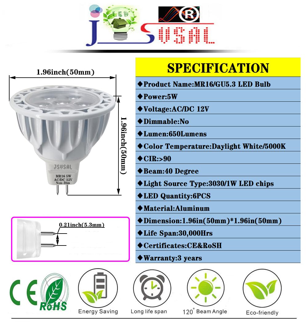(6 paquetes no regulables, MR16, bombillas LED, 5 W, 50 W, 50 W, equivalente, Daylight White 5000 K, 12 V, bajo voltaje, MR16, GU5.3, bombilla para exteriores Landscape Flood Track Lighting,650