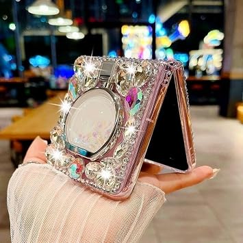 Samsung Galaxy Z Flip 7 ケース レディース ガールズ キラキラ ダイヤモンドデザイン、フリップ 7 スマホケース かわいい キラキラ ガーリー ハンドメイド ラインストーン ソフト TPU バンパー 流れる液体リングスタンド付き Samsung Z Flip 7 ピンク