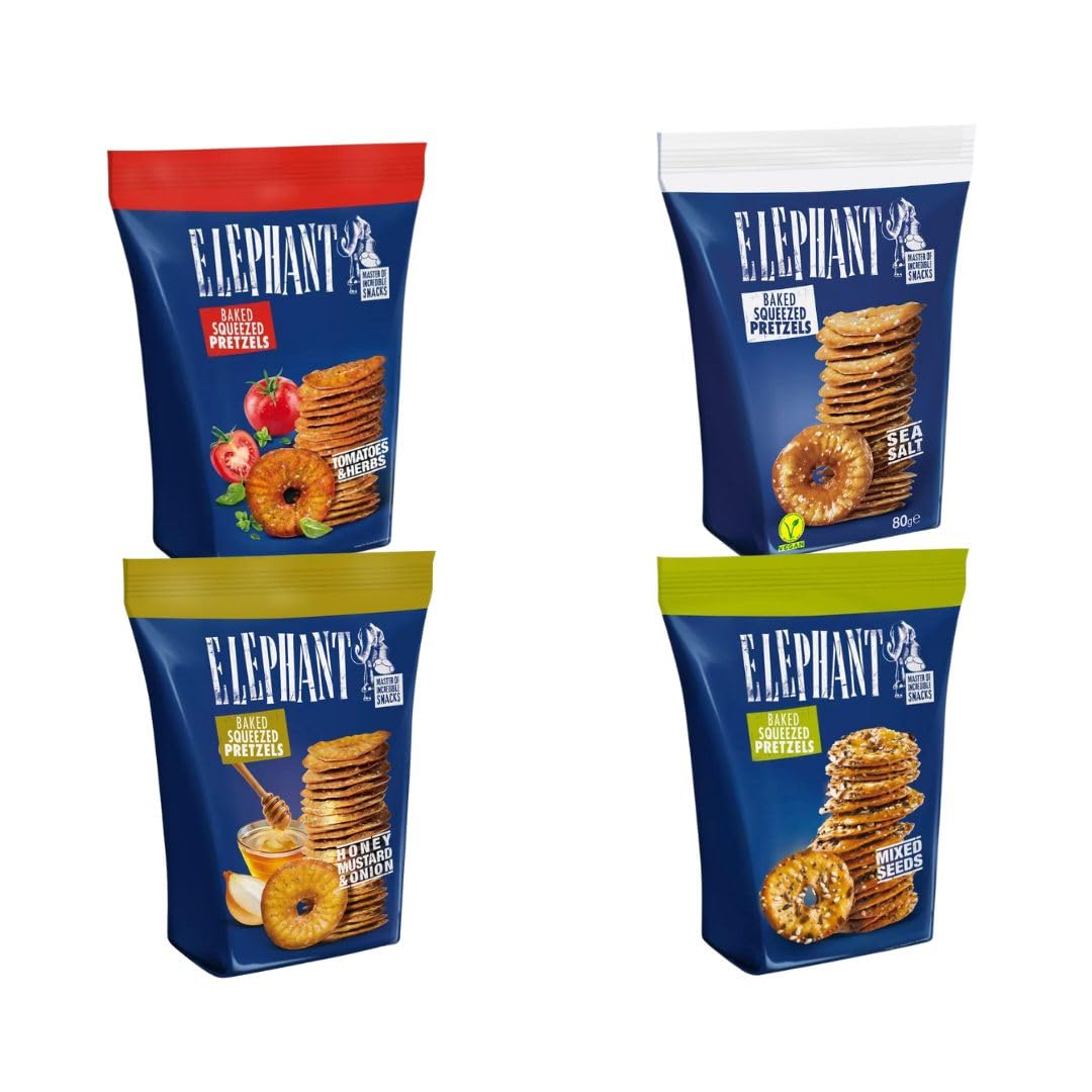 Elephant Juego de 4 degustación mezcla de aperitivos – El sabor se une a la originalidad "Elephant Baked Squeezed Pretzels", variedad de aperitivos Deluxe 300 g Knuspermix para noches de televisión