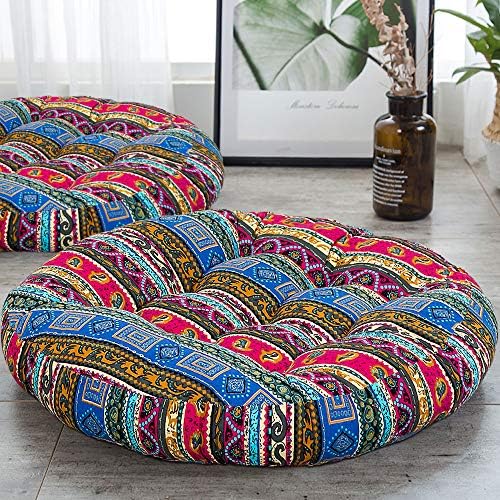 HIGOGOGO Boho Cushion, Large Pouf Cushion Round Meditation Floor Pillow Yoga Seat Cushion Cotton Linen India Mandala Cushion for Living Room Balcony Garden Party Decoration, 22 Inch, Stripe Blue