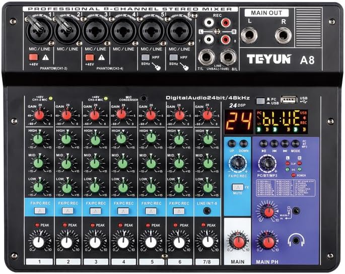TEYUN 8 Channel Professional Portable Mixer Sound Mixing Console Computer Input 48v Power Number Live Broadcast A8 New (8-Channel)
