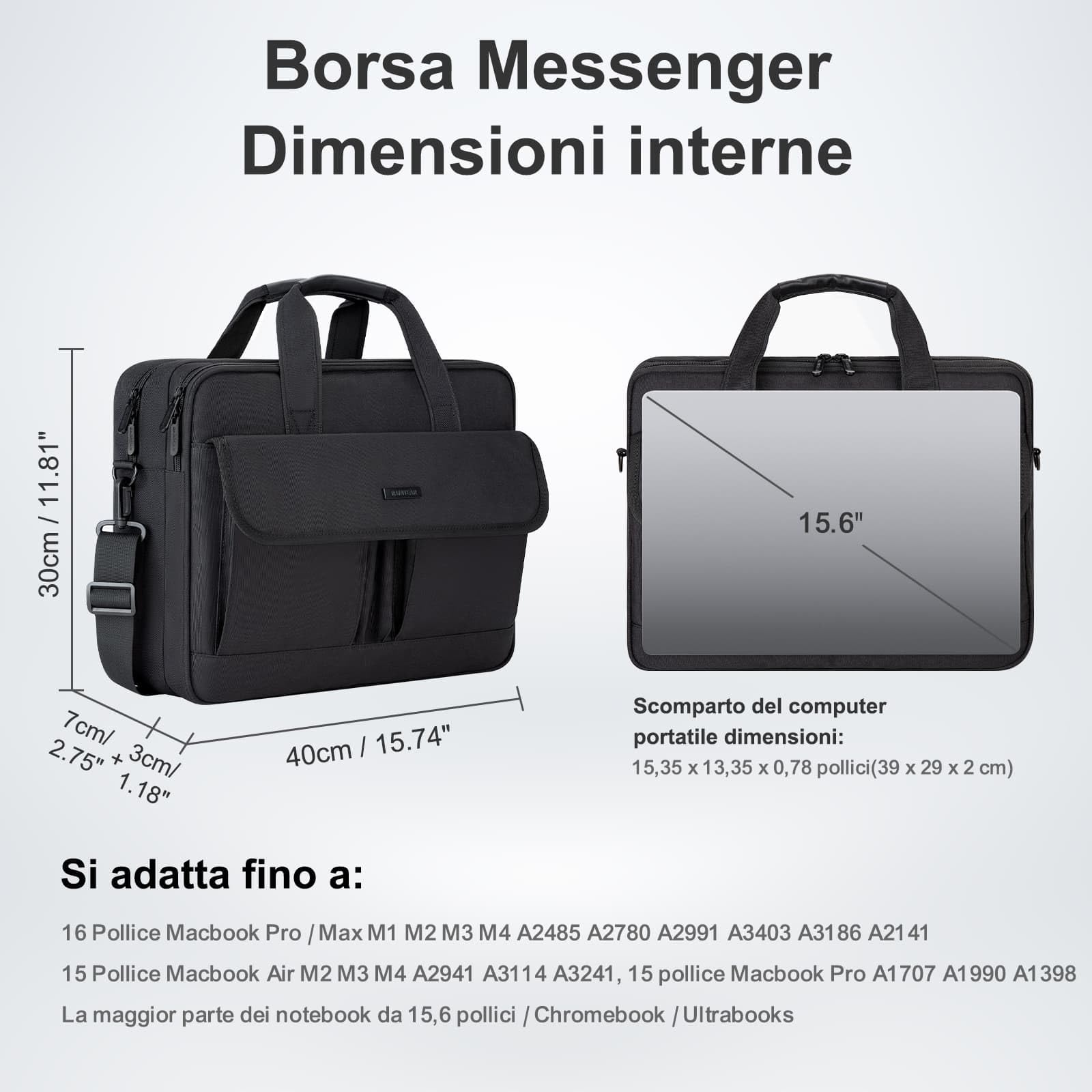 RAINYEAR Borsa multifunzionale per computer per laptop da 15,6 pollici, Macbook da 16 pollici, borsa a tracolla messenger resistente agli strappi, valigetta di grande capacità per lavoro e università