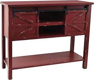 eHemco Antique Farmhouse Console Table with Sliding Barn Doors and Bottom Storage Shelf, Antique Red