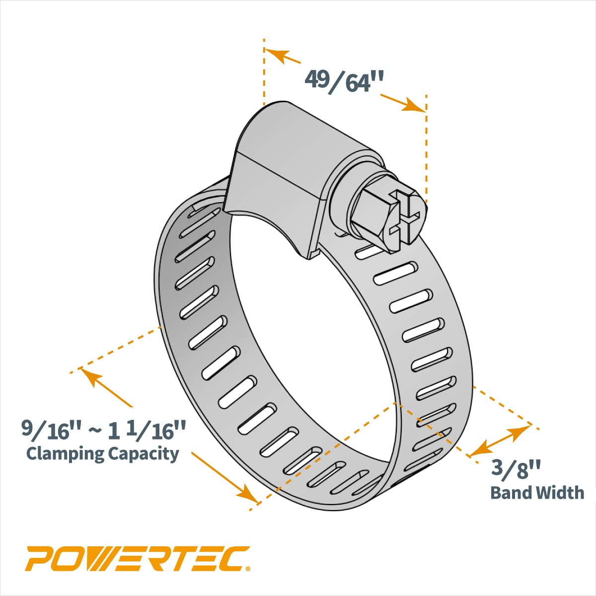POWERTEC 50106 Abrazaderas de manguera de accionamiento sin fin de 3/8 pulgadas de ancho de banda, SAE tamaño 10