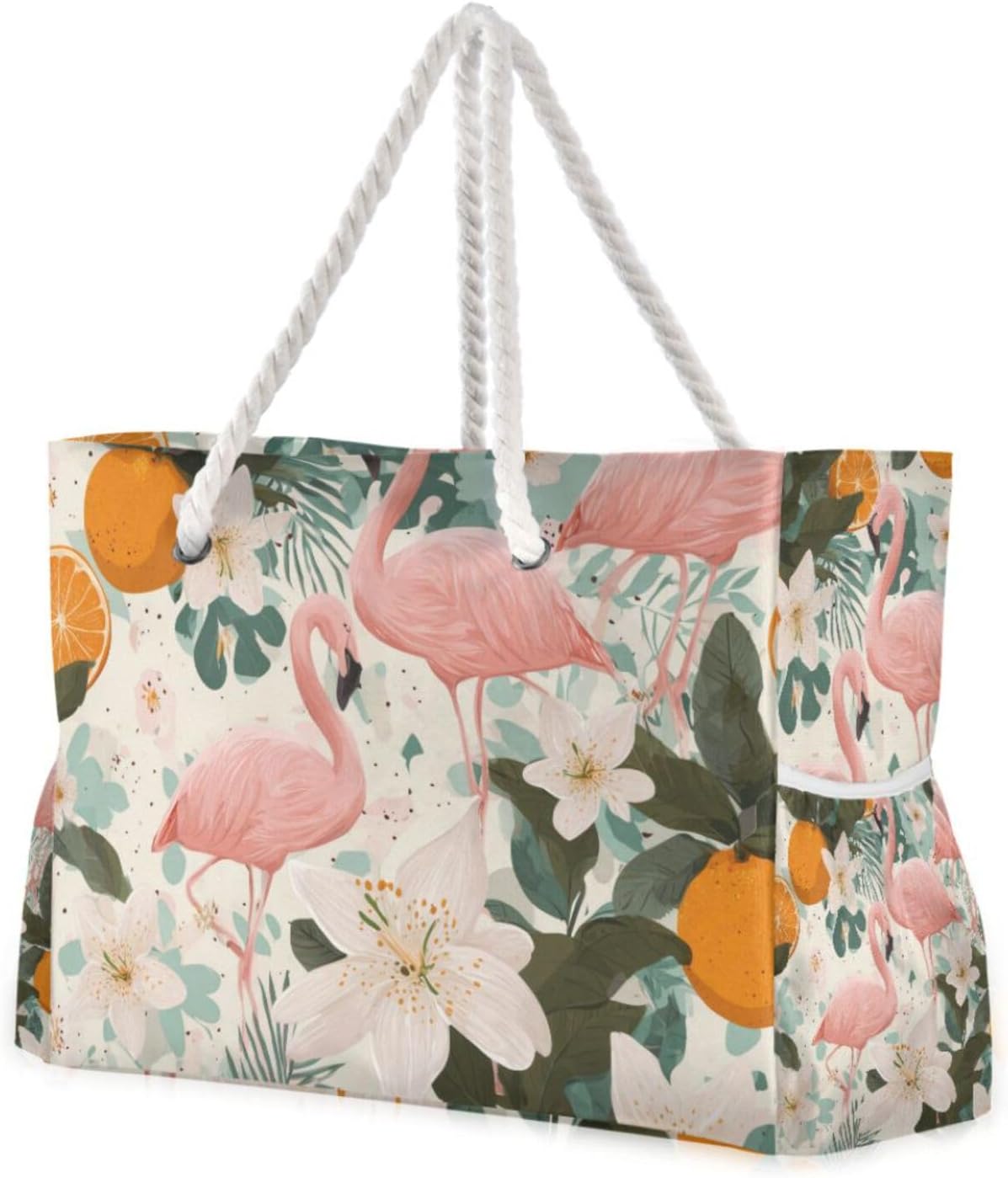 Flamingos Orange Leaves Patterns Beach Bags for Women Ladies Large Canvas Tote Shoulder Bag Waterproof Travel Bags for Gym Swim Pool Camping