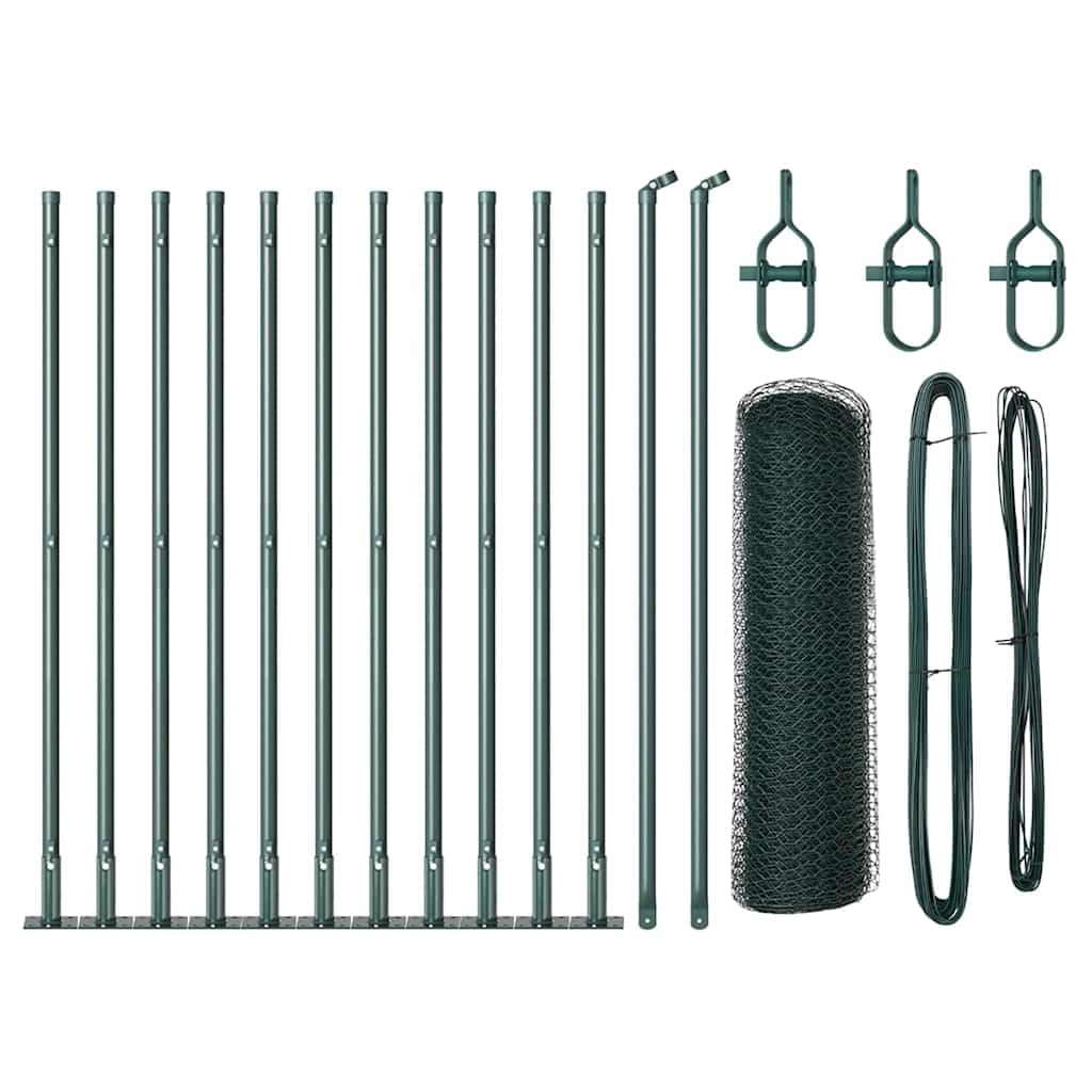 Green Steel PVC Fence Post 25 x 0.6 m with 25 mm Mesh Outdoor Garden Security Barrier Kit Including Concrete Posts Corrosion Resistant