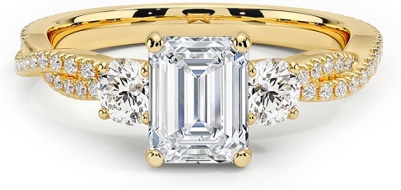 Center 2 Carats Moissanite 3 Stone Engagement Rings for Women 10K 14K 18K Gold D Color VVS1 Moissanite Ring Promise Wedding Anniversary Ring for Her Size 3.5-14