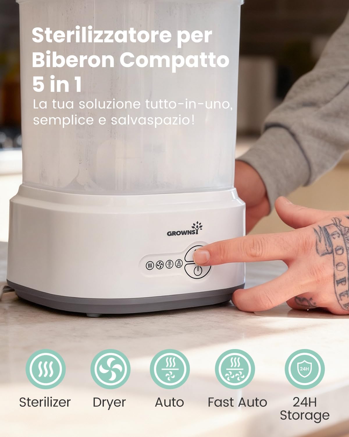 GROWNSY Sterilizzatore Biberon con Asciugatura, Sterilizzatore Elettrico a Vapore Compatto per Biberon, Ciucci, Parti del Tiralatte