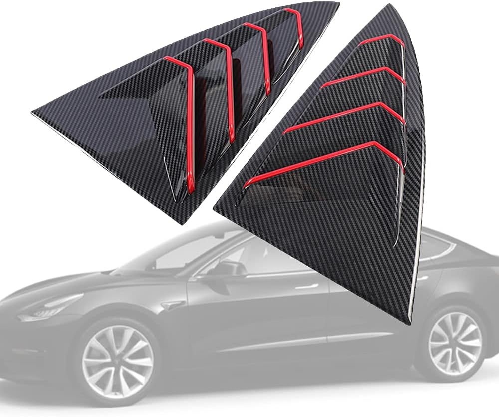 ABS Carbon Fiber Print Rear Side Window Louvers Air Vent Scoop Shades Cover Blinds Trim for Tesla Model 3 2017-2024（Red+Carbon Fiber）